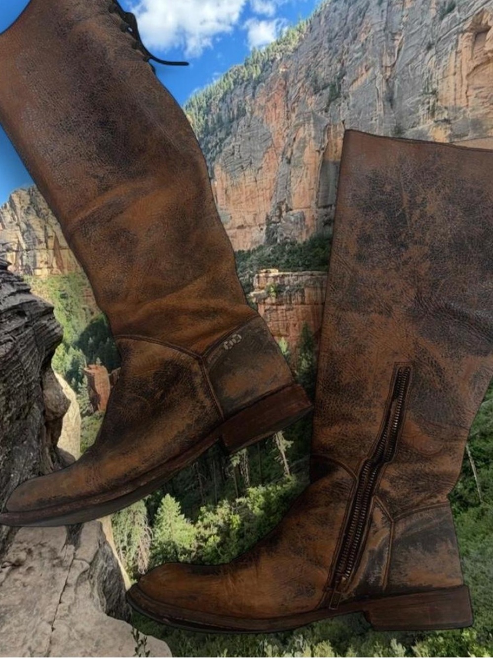 BED|STU Distressed Brown Leather Knee-High Heeled Boots